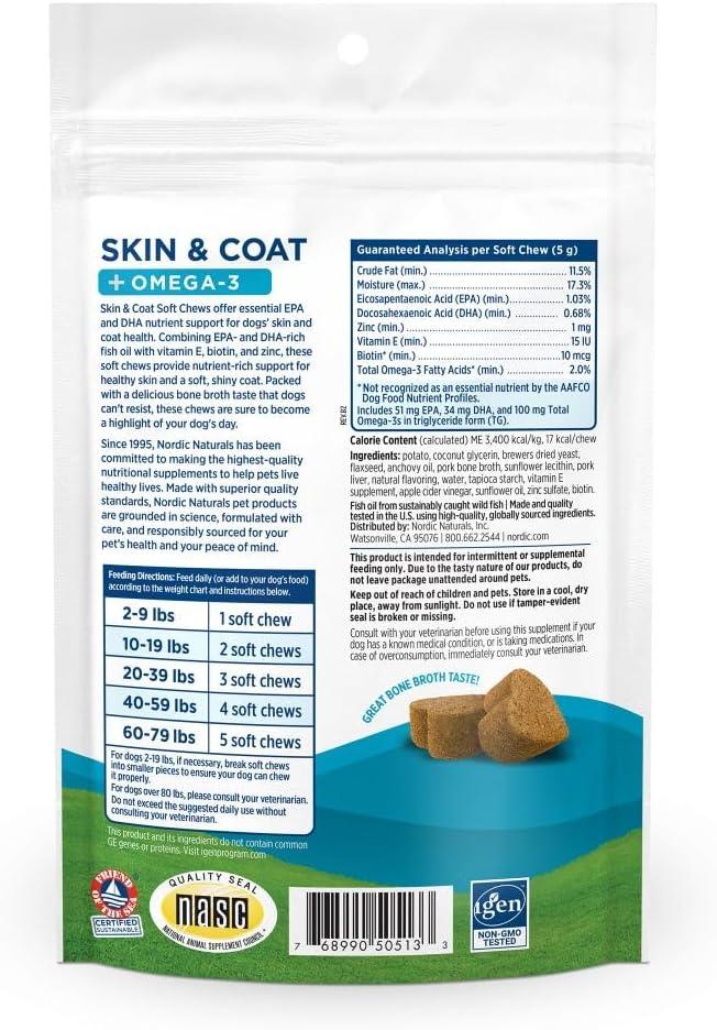 imageNordic Naturals Pet Skin amp Coat Soft Chews with Omega330 Pork Bone Broth Flavored Soft Chews Nutritional Support for Healthy Skin amp a Soft and Shiny Coat NonGMO and IFOS Certified