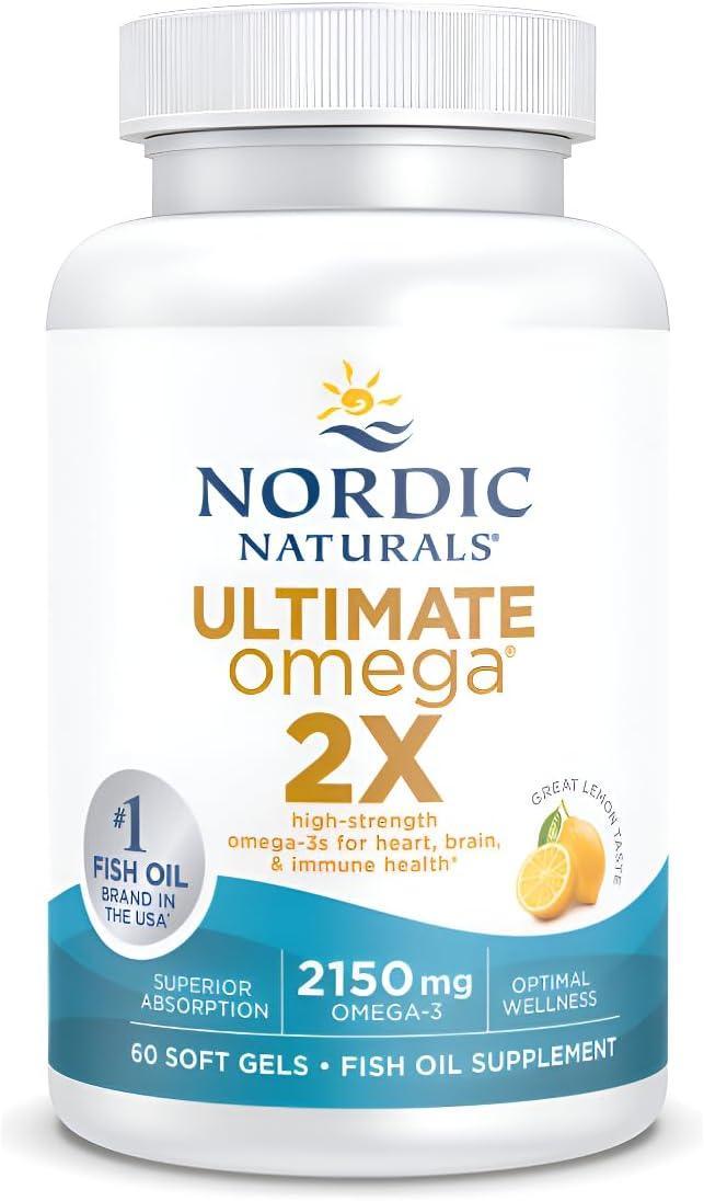 imageNordic Naturals Ultimate Omega 2X Lemon Flavor 60 Soft Gels 2150 mg Omega3 HighPotency Fish Oil with EPA amp DHA Promotes Brain amp Heart Health NonGMO 30 ServingsLemon