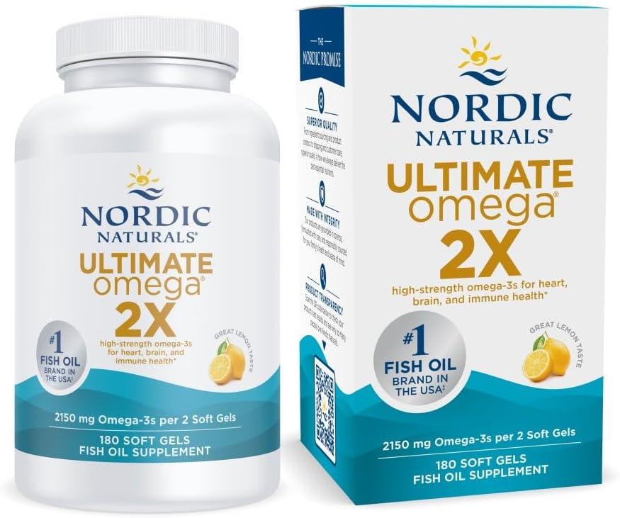 imageNordic Naturals Ultimate Omega 2X Lemon Flavor 60 Soft Gels 2150 mg Omega3 HighPotency Fish Oil with EPA amp DHA Promotes Brain amp Heart Health NonGMO 30 ServingsLemon