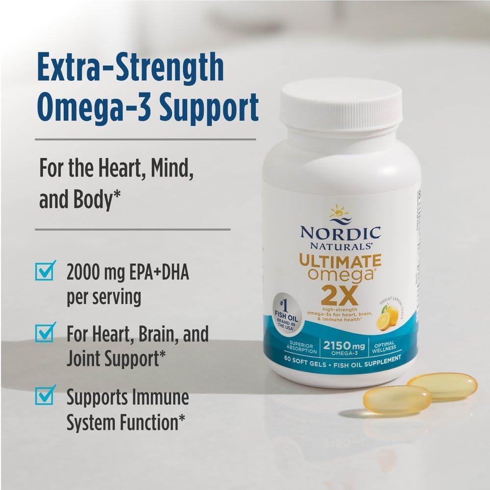 imageNordic Naturals Ultimate Omega 2X Lemon Flavor 60 Soft Gels 2150 mg Omega3 HighPotency Fish Oil with EPA amp DHA Promotes Brain amp Heart Health NonGMO 30 ServingsLemon