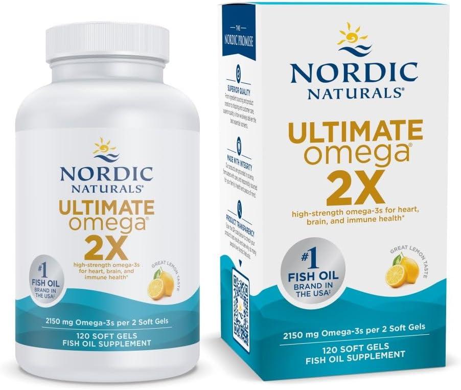 imageNordic Naturals Ultimate Omega 2X Lemon Flavor 60 Soft Gels 2150 mg Omega3 HighPotency Fish Oil with EPA amp DHA Promotes Brain amp Heart Health NonGMO 30 ServingsLemon