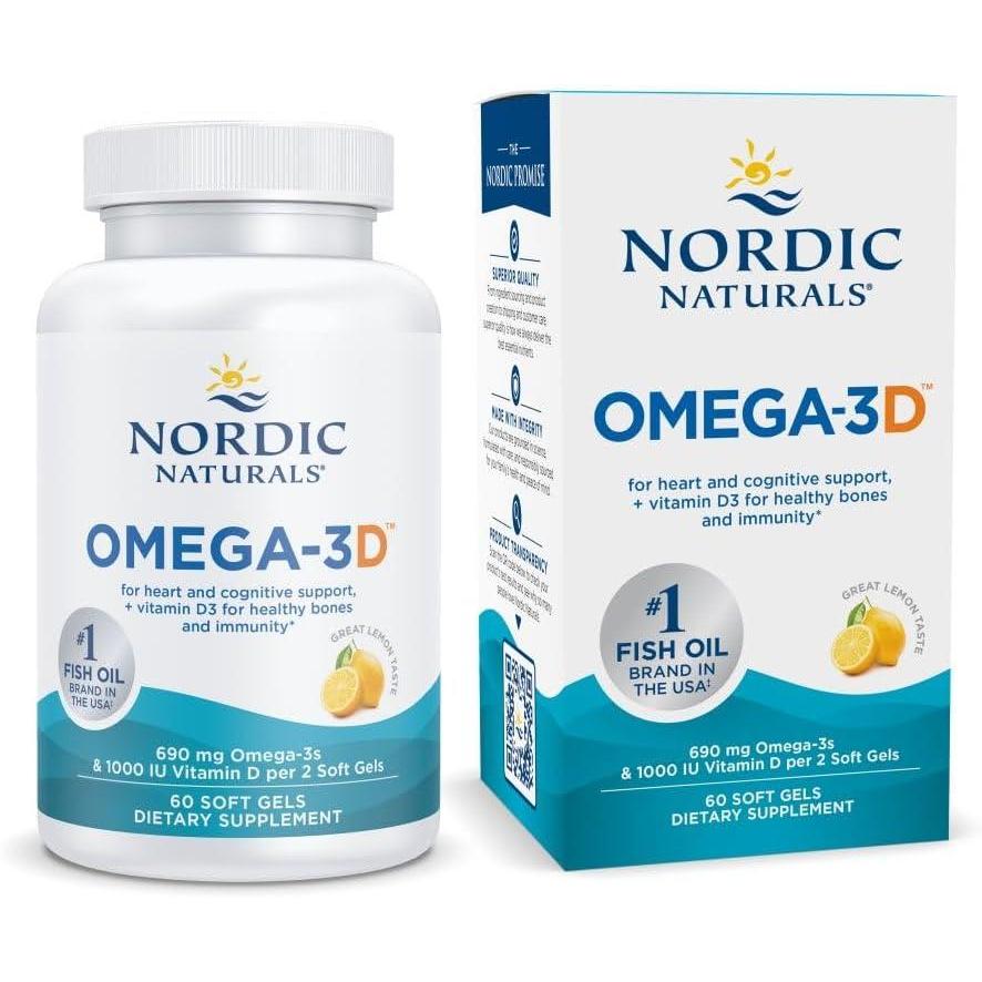 imageNordic Naturals Omega3D Lemon Flavor  120 Soft Gels  690 mg Omega3  1000 IU Vitamin D3  Fish Oil  EPA amp DHA  Immune Support Brain amp Heart Health Healthy Bones  NonGMO  60 Servings60 Count Pack of 1