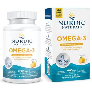 Nordic Naturals Omega-3 in Fish Gelatin, Lemon Flavor – 60 Fish Gels – 690 mg Omega-3 – Fish Oil – EPA & DHA – Immune Support, Brain & Heart Health, Optimal Wellness – Non-GMO – 30 Servings(Standard Packaging)