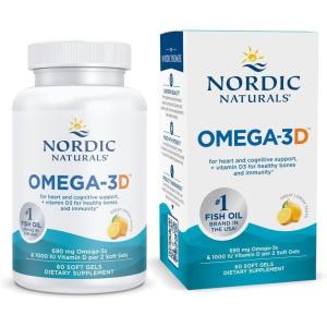Nordic Naturals Omega-3D, Lemon Flavor – 120 Soft Gels – 690 mg Omega-3 + 1000 IU Vitamin D3 – Fish Oil – EPA & DHA – Immune Support, Brain & Heart Health, Healthy Bones – Non-GMO – 60 Servings(60 Count (Pack of 1))