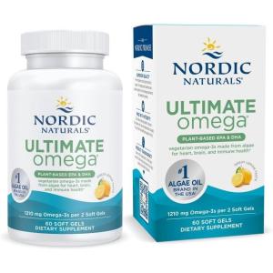 Nordic Naturals Plant Based Ultimate Omega, Lemon Flavor – 60 Vegetarian Soft Gels – 1210 mg Omega-3 – Vegan EPA and DHA – Supplement Made from Algae – Brain & Heart Support – Non-GMO – 30 Servings