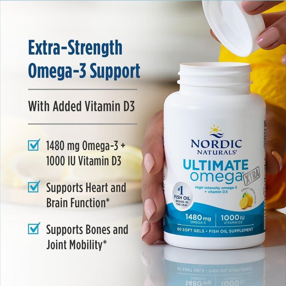 imageNordic Naturals Ultimate Omega Xtra Lemon Flavor 60 Soft Gels 1480 mg Omega3 1000 IU Vitamin D3 EPA amp DHA Brain Heart amp Immune Health 30 ServingsStandard Packaging
