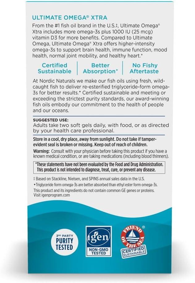 imageNordic Naturals Ultimate Omega Xtra Lemon Flavor 60 Soft Gels 1480 mg Omega3 1000 IU Vitamin D3 EPA amp DHA Brain Heart amp Immune Health 30 ServingsStandard Packaging