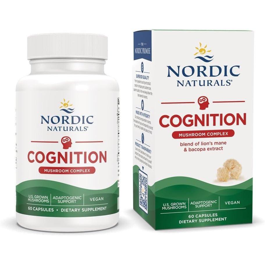 imageNordic Naturals Cognition Mushroom Complex Unflavored  60 Capsules  Brain Memory amp Mood Support  Blend of Lions Mane Mushroom amp Bacopa Extract  NonGMO  Certified Vegan  30 Servings