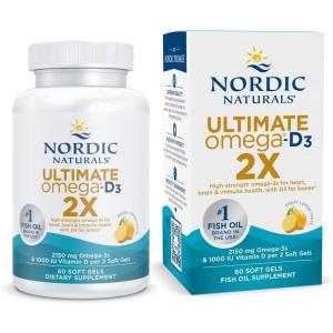 Nordic Naturals Ultimate Omega 2X with Vitamin D3, Lemon Flavor – 60 Soft Gels – 2150 mg Omega-3 + 1000 IU D3 – EPA & DHA – Brain, Heart, & Immune Health – 30 Servings(Lemon)