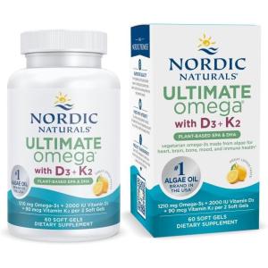 Nordic Naturals Ultimate Omega Plant Based Vitamin with Vitamin D3+K2-60 Vegetarian Soft Gels – 1210 mg Omega-3s Plus 2000 IU D3 and 90 mcg K2 – Promotes Brain Health – Non GMO – 30 Servings
