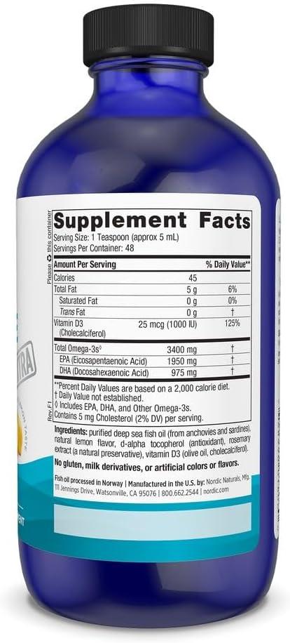 imageNordic Naturals Ultimate Omega Xtra Liquid Lemon Flavor 8 oz 3400 mg Omega3 1000 IU Vitamin D3 EPA amp DHA Brain Heart Joint amp Immune Health NonGMO 48 Servings
