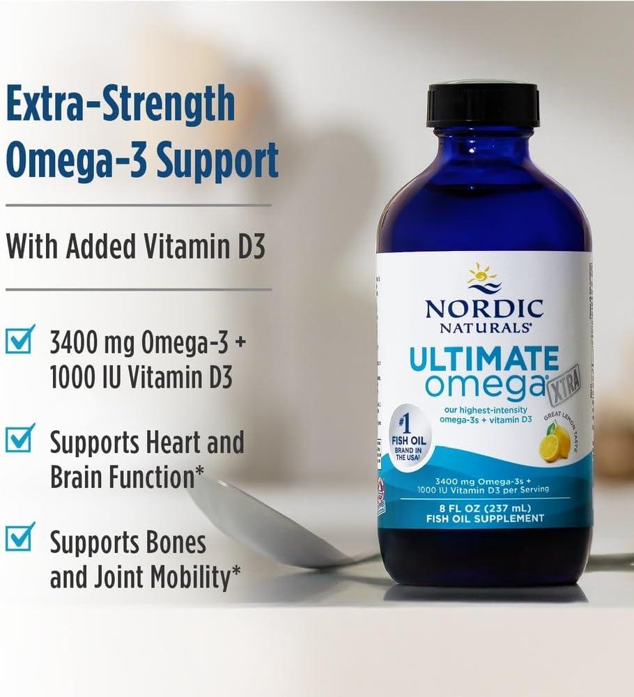 imageNordic Naturals Ultimate Omega Xtra Liquid Lemon Flavor 8 oz 3400 mg Omega3 1000 IU Vitamin D3 EPA amp DHA Brain Heart Joint amp Immune Health NonGMO 48 Servings