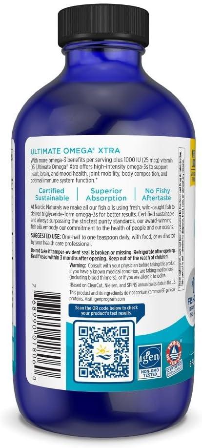 imageNordic Naturals Ultimate Omega Xtra Liquid Lemon Flavor 8 oz 3400 mg Omega3 1000 IU Vitamin D3 EPA amp DHA Brain Heart Joint amp Immune Health NonGMO 48 Servings