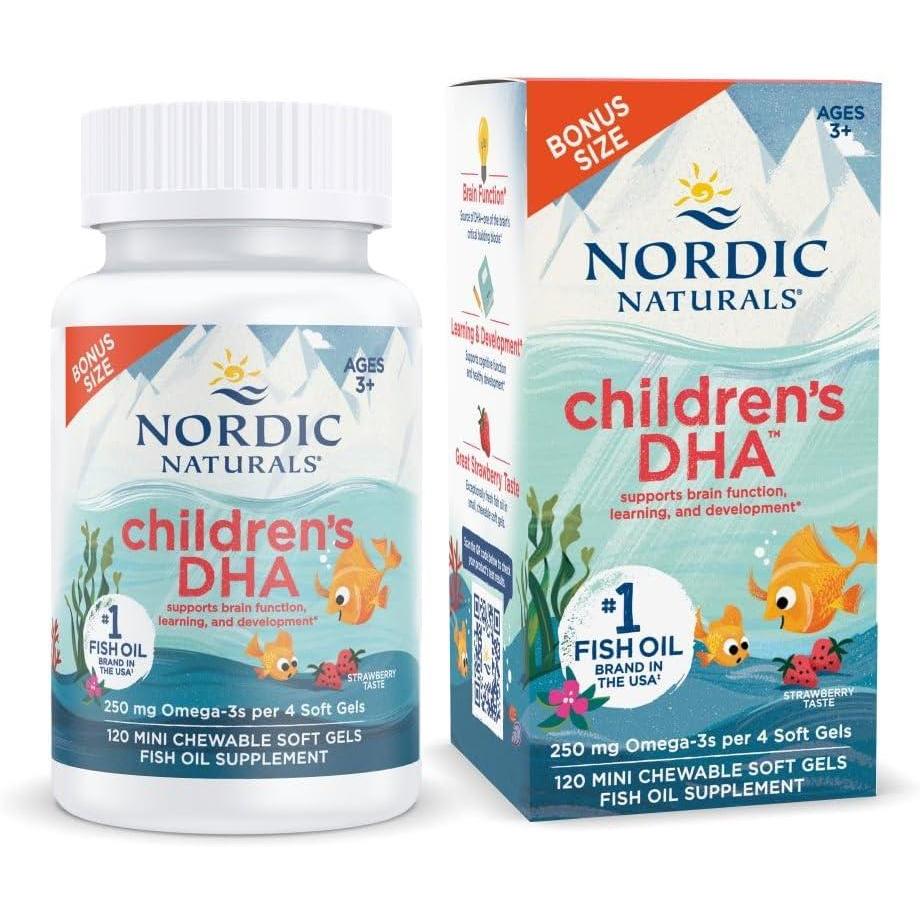 imageNordic Naturals Childrens DHA Strawberry  90 Mini Chewable Soft Gels for Kids  250 mg Omega3 with EPA amp DHA  Brain Development amp Function  NonGMO  22 Servings120 Count Pack of 1