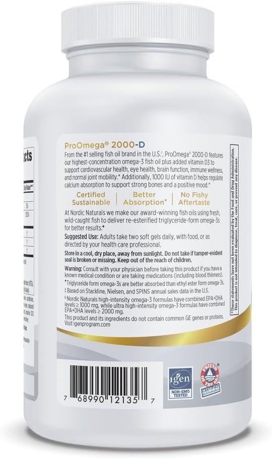 imageNordic Naturals ProOmega 2000D Fish Oil 1125 mg EPA 875 mg DHA 1000 IU Vitamin D3 Cardiovascular Neurological Eye and Immune Health Lemon Flavor 60 Soft GelsLemon