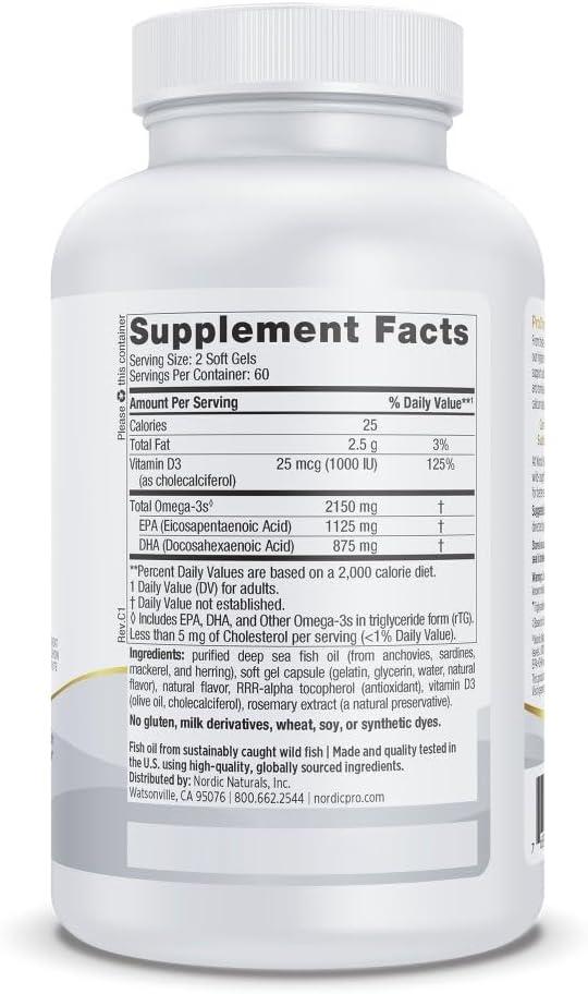 imageNordic Naturals ProOmega 2000D Fish Oil 1125 mg EPA 875 mg DHA 1000 IU Vitamin D3 Cardiovascular Neurological Eye and Immune Health Lemon Flavor 60 Soft GelsLemon