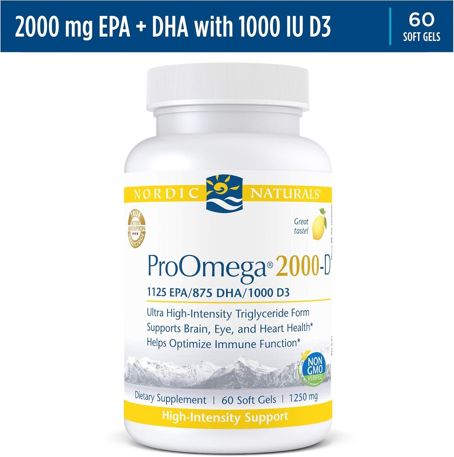 imageNordic Naturals ProOmega 2000D Fish Oil 1125 mg EPA 875 mg DHA 1000 IU Vitamin D3 Cardiovascular Neurological Eye and Immune Health Lemon Flavor 60 Soft GelsLemon