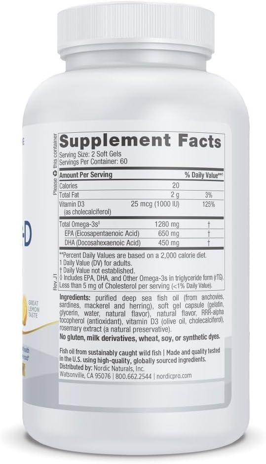 imageNordic Naturals ProOmegaD Lemon Flavor 120 Soft Gels 1280 mg Omega3 1000 IU D3 HighPotency Fish Oil EPA amp DHA Brain Eye Heart amp Immune Health NonGMO 60 ServingsLemon