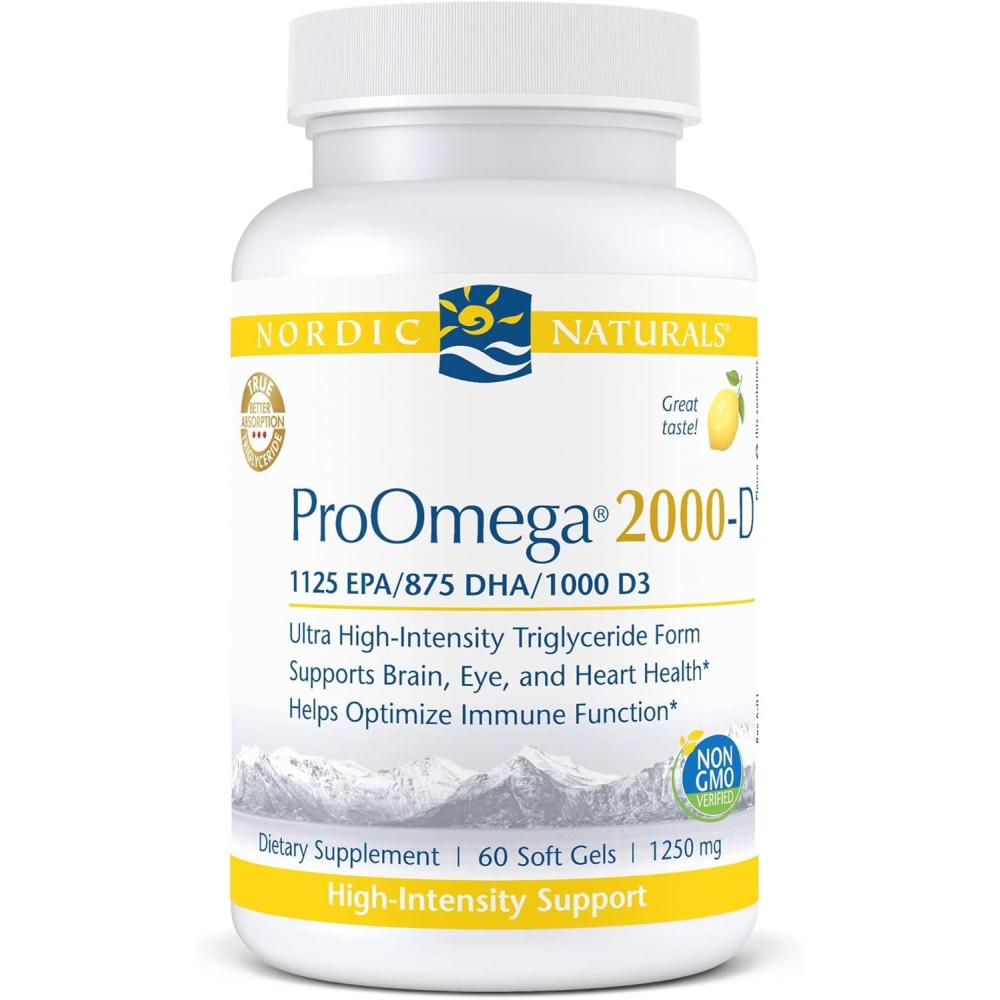 imageNordic Naturals ProOmega 2000D  Fish Oil 1125 mg EPA 875 mg DHA 1000 IU Vitamin D3 Cardiovascular Neurological Eye and Immune Health Lemon Flavor 60 Soft GelsLemon