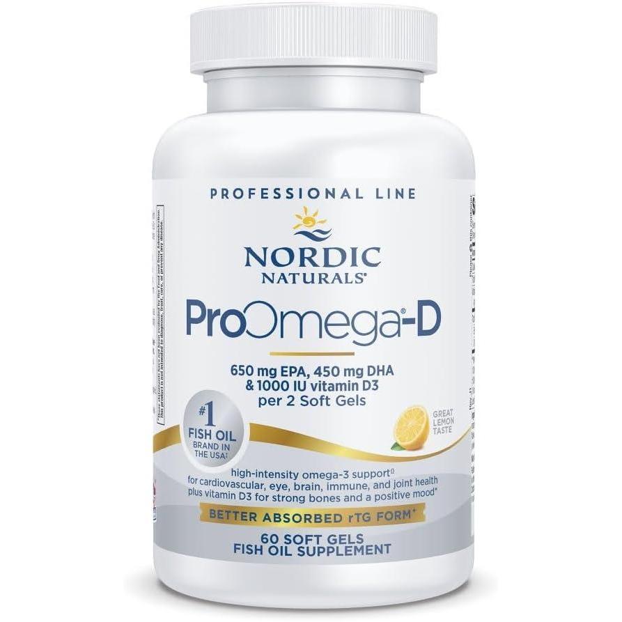 imageNordic Naturals ProOmegaD Lemon Flavor 120 Soft Gels 1280 mg Omega3 1000 IU D3 HighPotency Fish Oil EPA amp DHA Brain Eye Heart amp Immune Health NonGMO 60 ServingsLemon