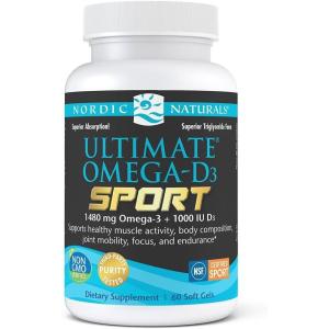Nordic Naturals Ultimate Omega-D3 Sport, Lemon – 60 Soft Gels – 1480 mg Omega-3 + 1000 IU Vitamin D3 – NSF Certified – Supports Muscle, Bones, Focus & Endurance – 30 Servings(Standard Packaging)