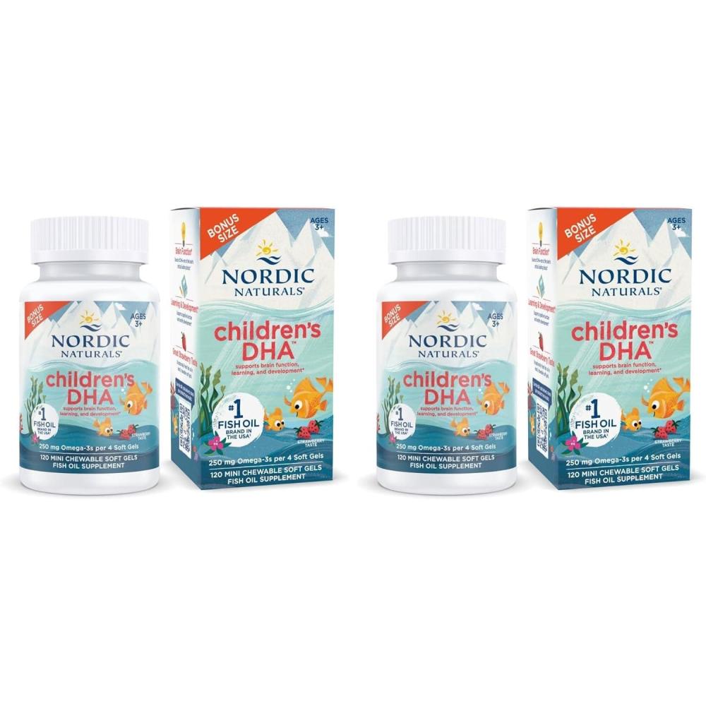 imageNordic Naturals Childrens DHA Strawberry  120 Mini Chewable Soft Gels for Kids  250 mg Omega3 with EPA amp DHA  Brain Development amp Function  NonGMO  30 Servings Pack of 2