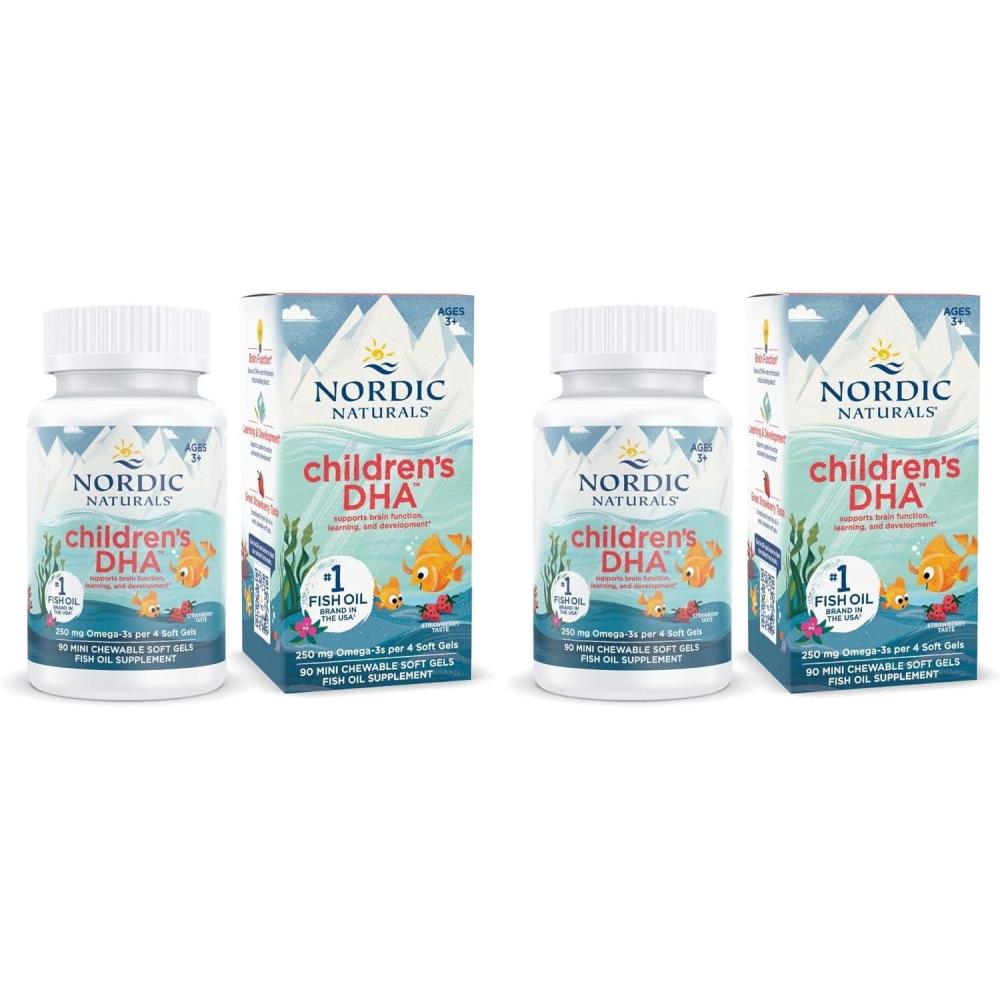imageNordic Naturals Childrens DHA Strawberry  90 Mini Chewable Soft Gels for Kids  250 mg Omega3 with EPA amp DHA  Brain Development amp Function  NonGMO  22 Servings Pack of 2