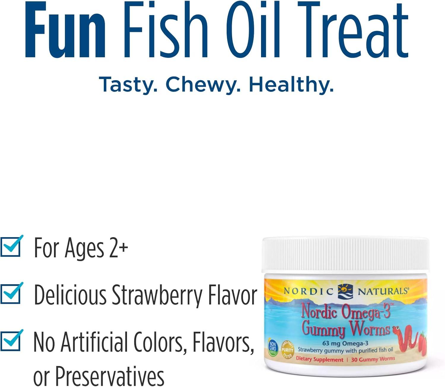 imageNordic Naturals Nordic Omega3 Gummy Worms Strawberry 30 Gummy Worms 63 mg Total Omega3s with EPA amp DHA 30 Servings