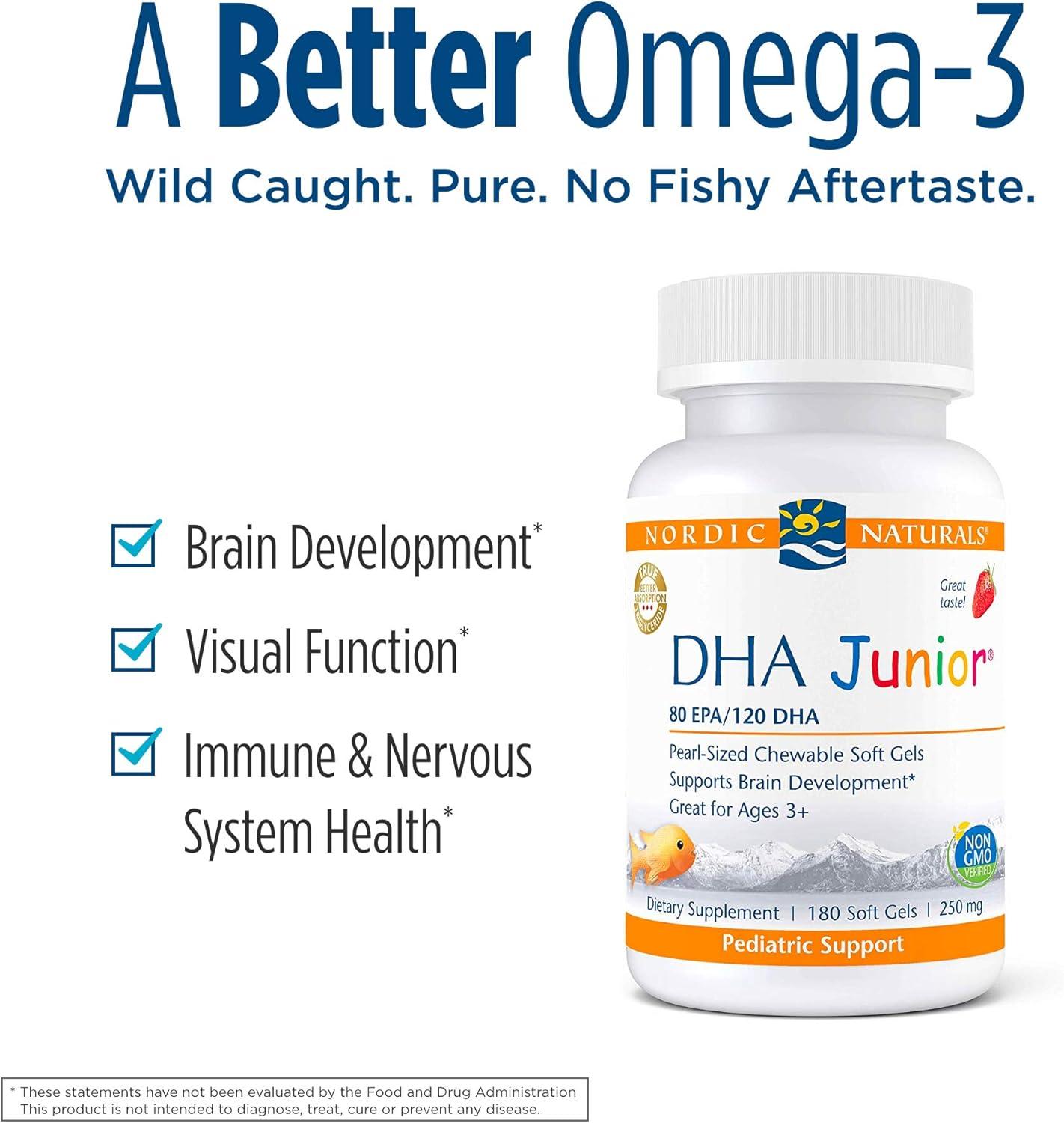 imageNordic Naturals Pro DHA Junior Wild Arctic Cod Liver Oil 80 mg EPA 120 mg DHA Support for Healthy Neurological Nervous System Eye and Immune System Development 180 Chewable Soft Gels