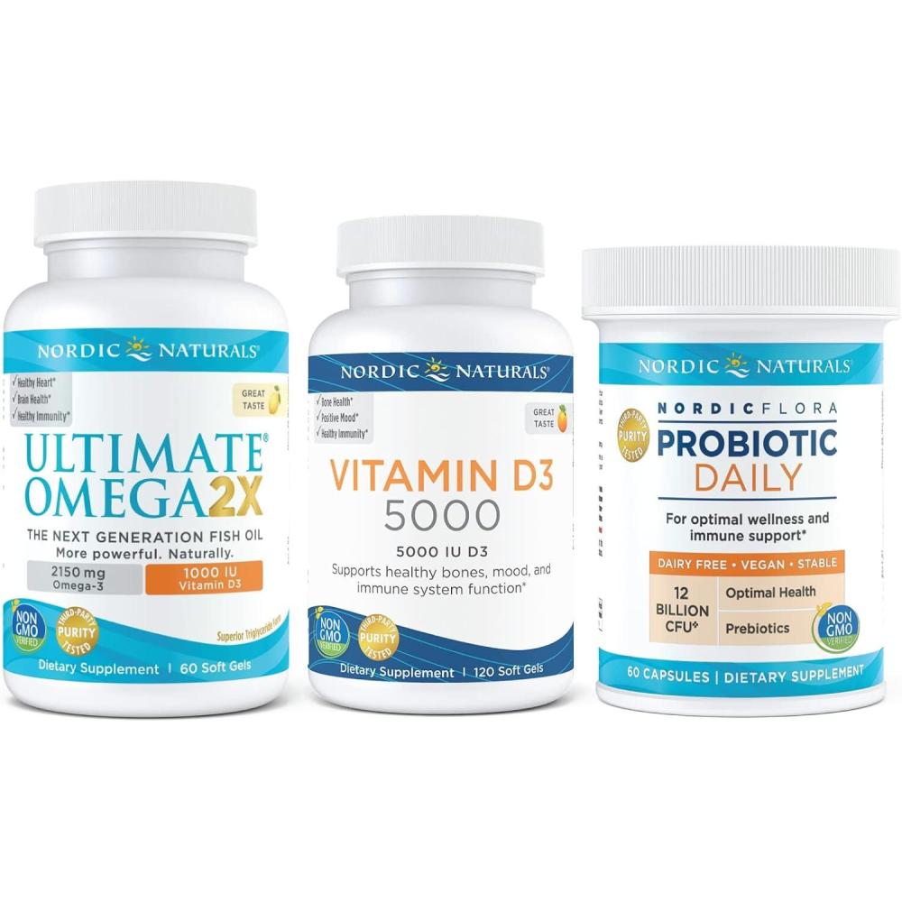 imageNordic Naturals Mind and Body Starter Pack Vitamin D3 5000 Ultimate Omega 2X Nordic Flora Probiotic Daily